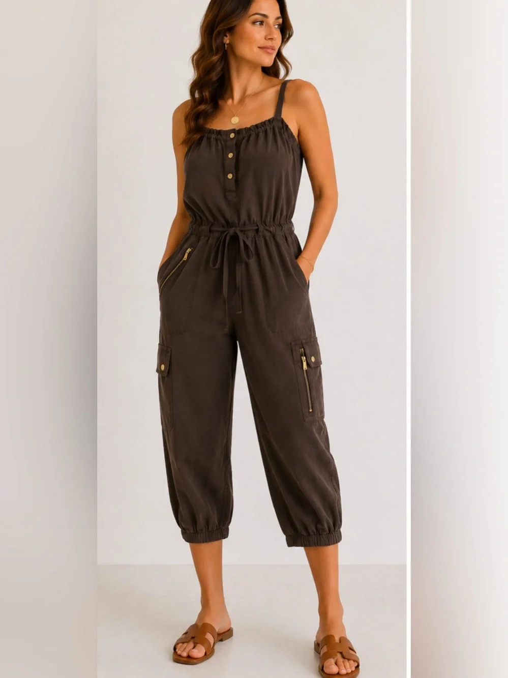 EUC CACHE Brown Cropped Cargo Utility Jumpsuit Gold Hardware Y2K Medium